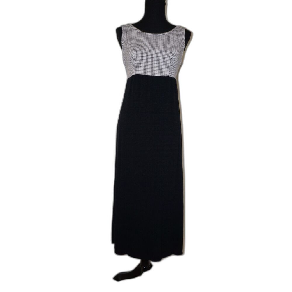 Vintage Black and White Checked Print Maxi Dress with Adjustable Tie Back